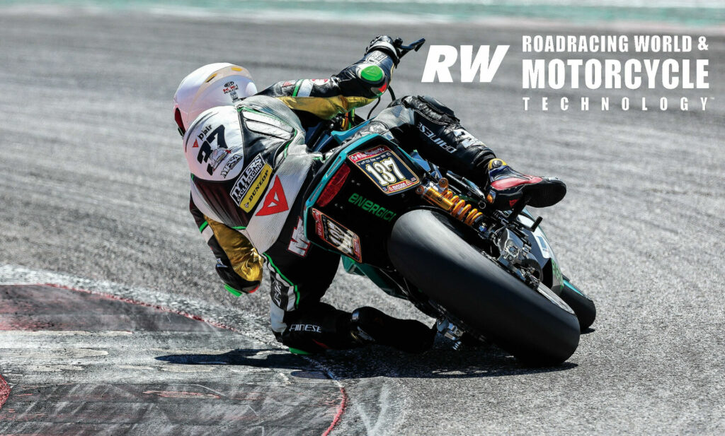 Stefano Mesa on the Energica Eva Ribelle RS electric racebike at Circuit of The Americas, where he finished second place in a MotoAmerica Super Hooligan. Photo by Brian J. Nelson.