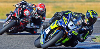 Bryce Prince (1) leads Wyatt Farris (19) in California Roadrace Association (CRA) action at Buttonwillow Raceway Park in 2023. Photo by CaliPhotography.com, courtesy CRA.