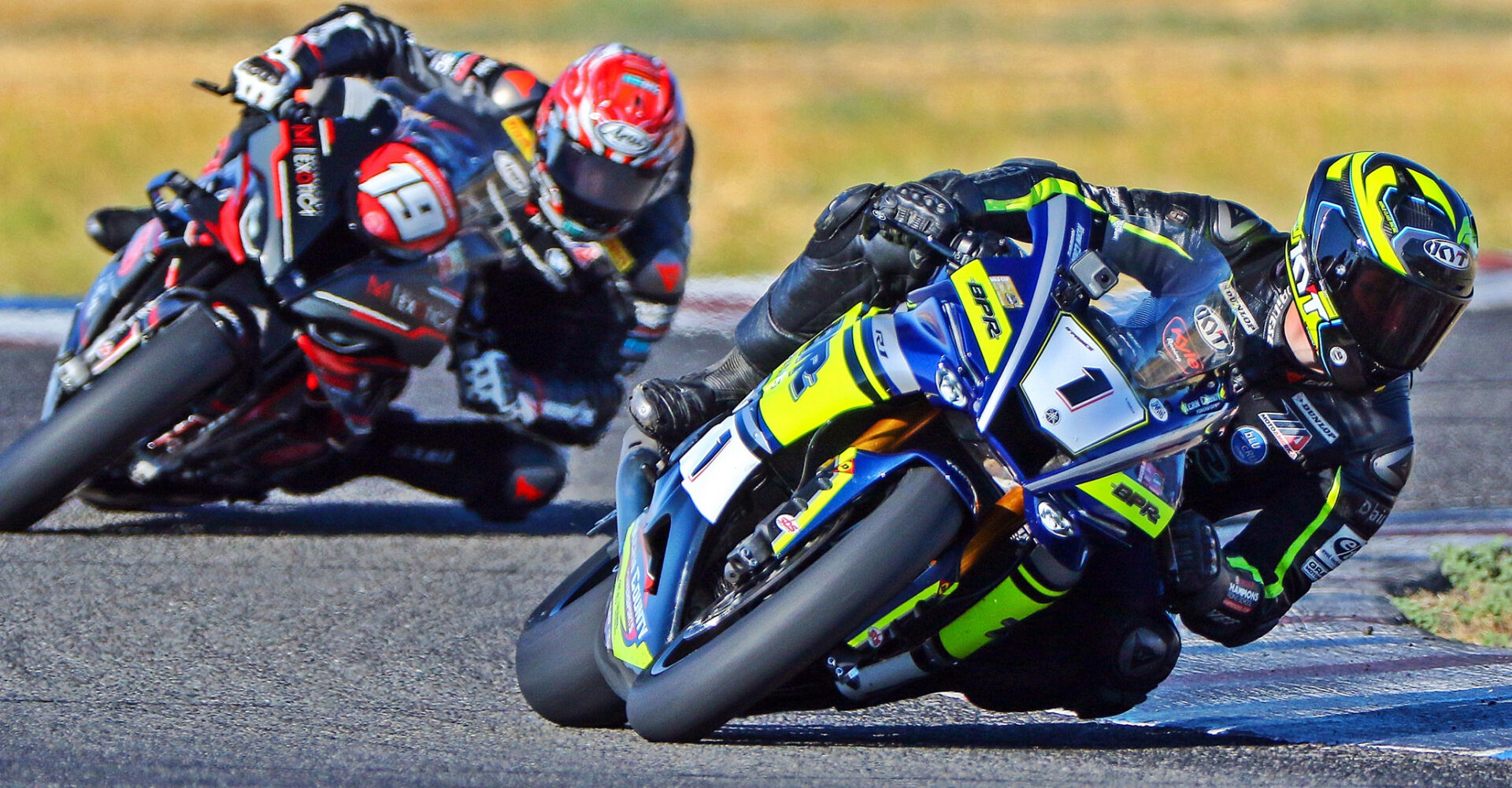 Bryce Prince (1) leads Wyatt Farris (19) in California Roadrace Association (CRA) action at Buttonwillow Raceway Park in 2023. Photo by CaliPhotography.com, courtesy CRA.