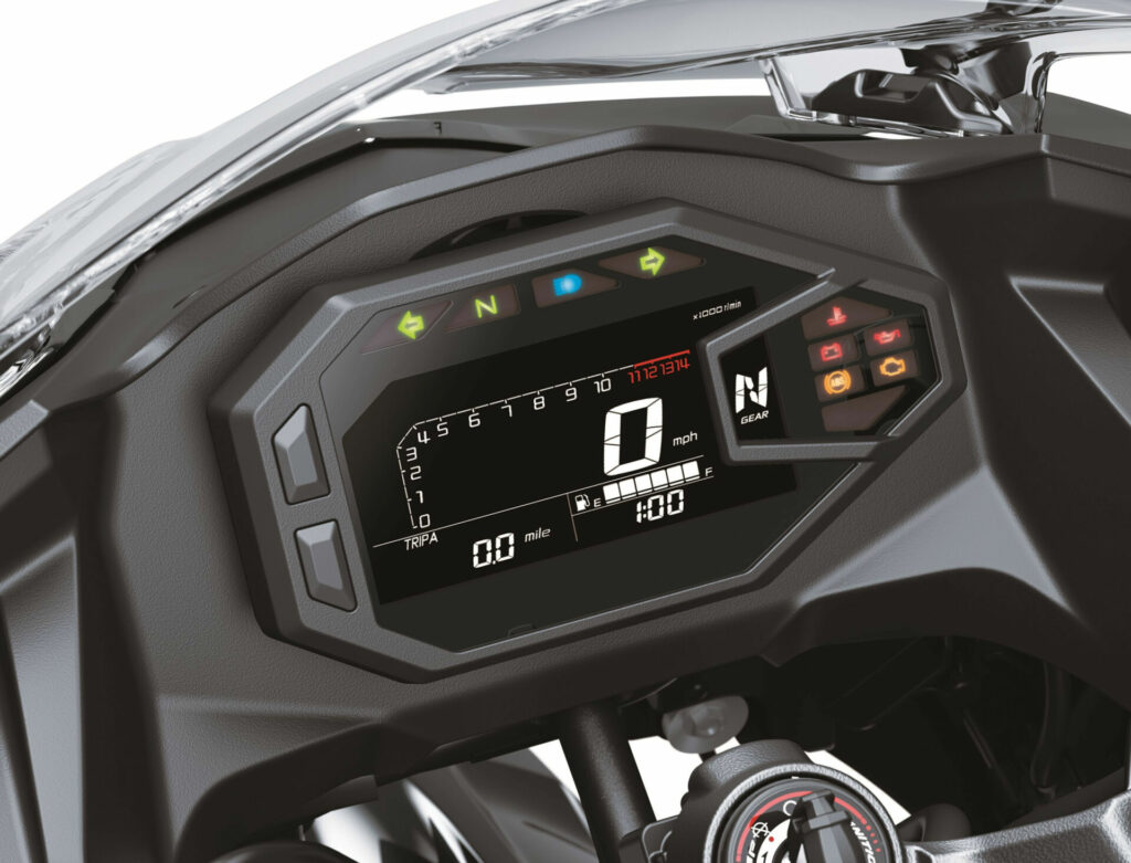 The dashboard on a 2024 Kawasaki Ninja 500. Photo courtesy Kawasaki Motors Corp., U.S.A.