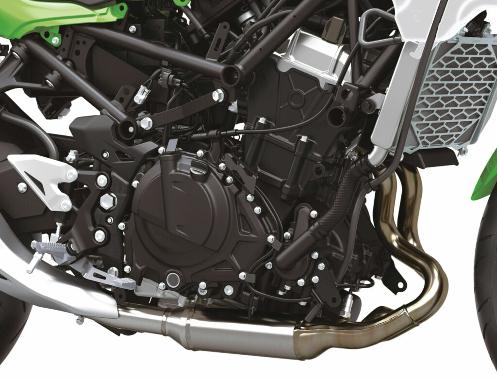 The engine of a 2024 Kawasaki Ninja 500 is a stroked version of a Ninja 400 engine. Photo courtesy Kawasaki Motors Corp., U.S.A.