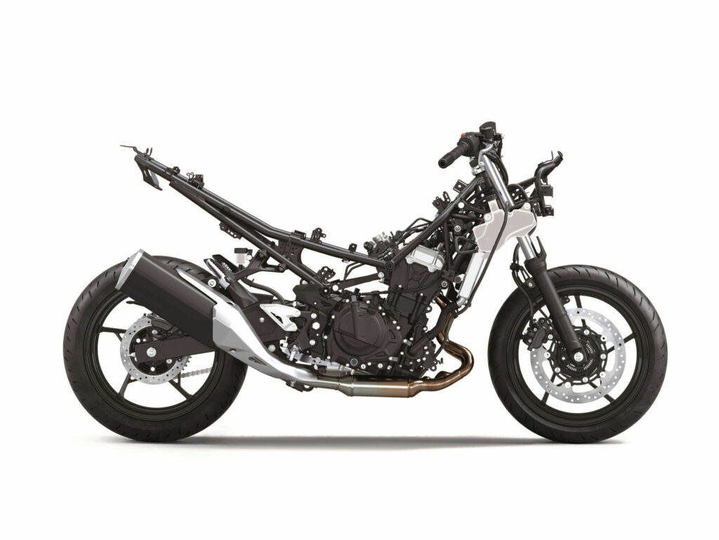 A striped down view shows the tubular steel chassis of the 2024 Kawasaki Ninja 500. Photo courtesy Kawasaki Motors Corp., U.S.A.