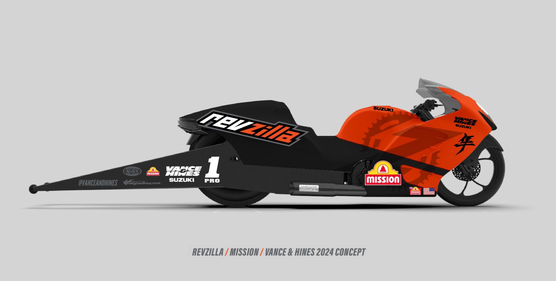 A computer rendering of a Revzilla/Mission/Vance & Hines Suzuki Hayabusa drag race bike. Image courtesy Vance & Hines.