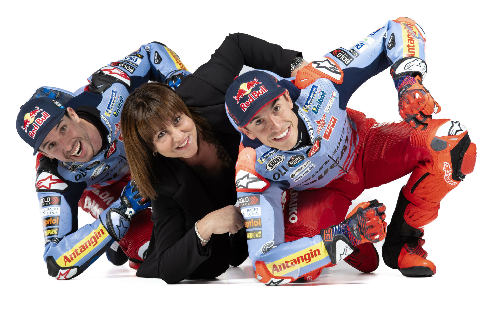 Gresini Racing Team Owner Nadia Padovani (center) with riders Alex Marquez (left) and Marc Marquez (right). Photo courtesy Gresini Racing.