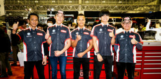 TONE RT SYNCEDGE4413 BMW Racing (from left): Yoshihisa Takamura (Team Owner and Chief Mechanic), Tomoya Hoshino (JSB1000 rider), Zechariah Kwame Dzegede (ST1000 rider), Ainosuke Yoshida (ST1000 rider), and Yu Yamashita (Team Director). Photo courtesy TONE RT SYNCEDGE4413 BMW Racing.
