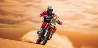 American Ricky Brabec (9) won the 2024 Dakar Rally on his Monster Energy Honda CRF450 Rally. Photo courtesy HRC.