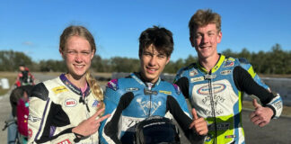 2023 MotoAmerica Junior Cup Champion Avery Dreher (right, age 17), 15-year-old British Talent Cup racer Julian Correa (center), and Dreher's 13-year-old sister Ella (left) took first place overall and in the 400 Super Stock class at the Ceparano Endurance Classic. Photo courtesy Bad Boy Racing.