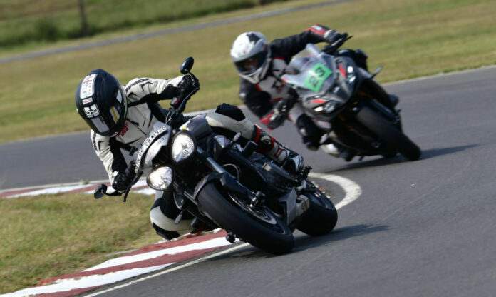 A California Superbike School instructor leading a student at Madras International Circuit in Chennai, India. Photo by Aditya Bedre, courtesy California Superbike School.