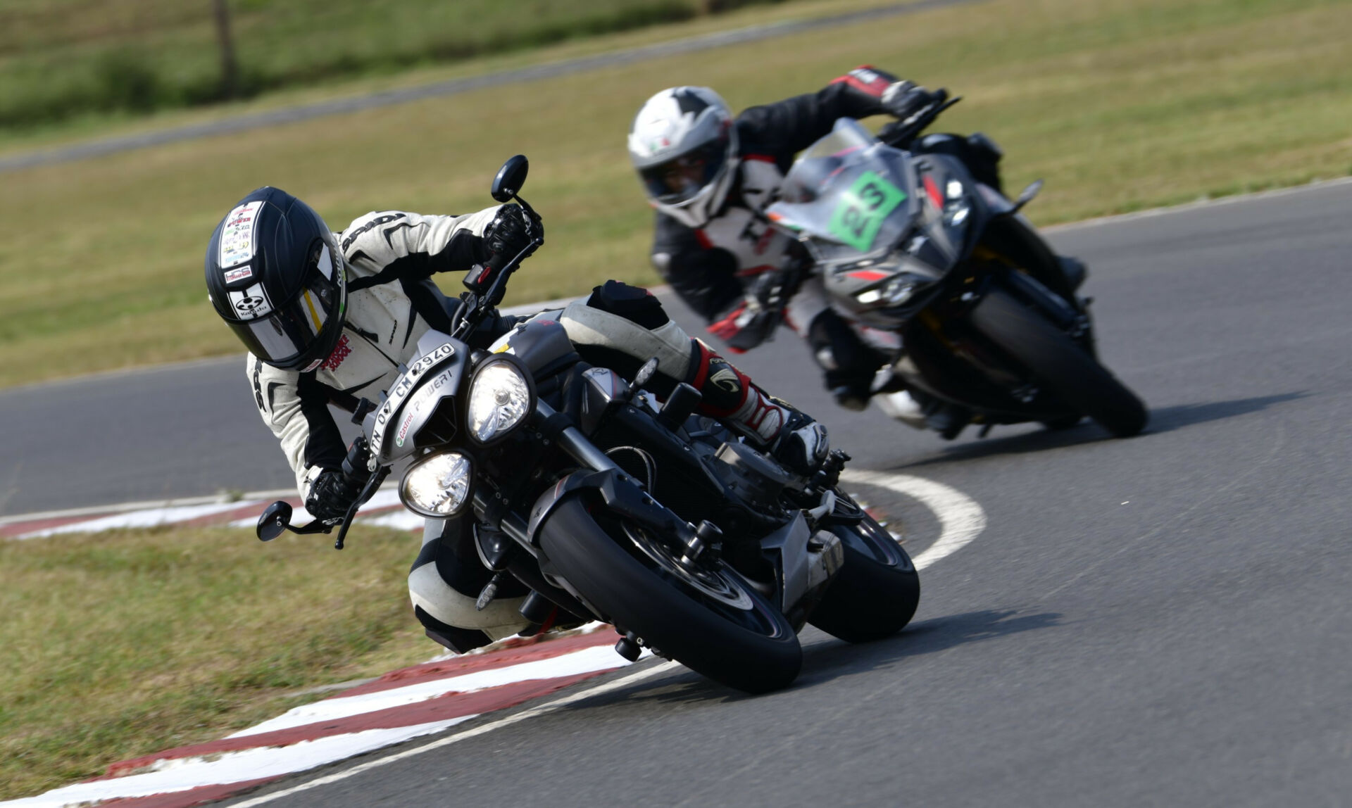 A California Superbike School instructor leading a student at Madras International Circuit in Chennai, India. Photo by Aditya Bedre, courtesy California Superbike School.