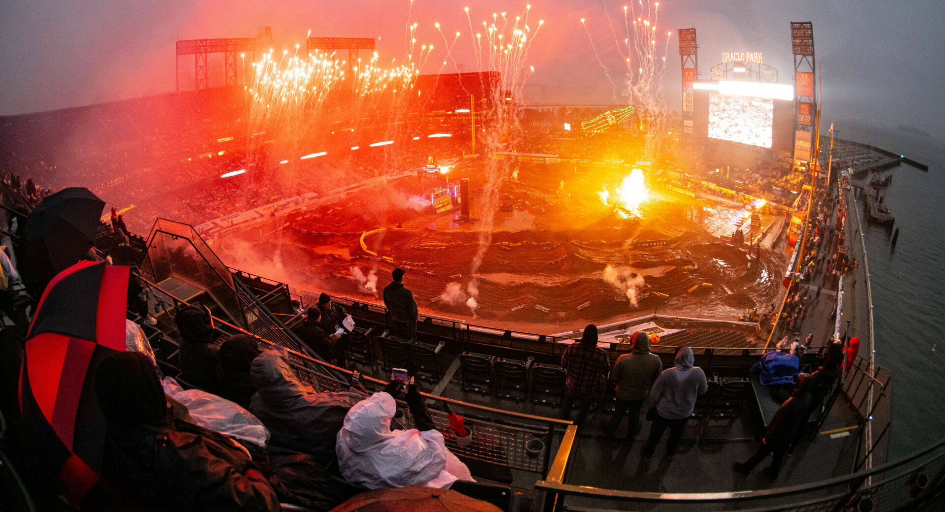 Heavy rains abbreviated daytime qualifying, shortened Main Events, and instigated track changes. Still, many riders left Oracle Park with a DNF rather than championship points. Photo courtesy Feld Motor Sports, Inc.