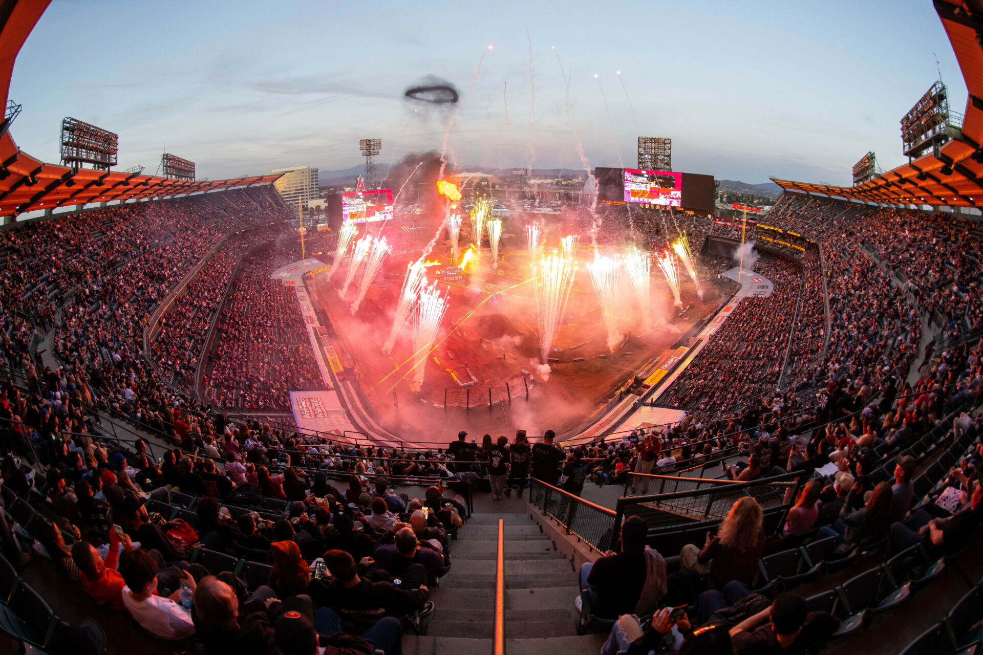 The AMA Supercross opening ceremony fireworks show at Angels Stadium in Anaheim, California. Photo courtesy Feld Motor Sports.