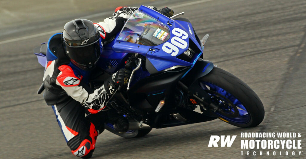 The author on a Yamaha YZF-R7 at Sonoma Raceway, evaluating the new Alpinestars Supertech R10 racing helmet. Photo by gotbluemilk.com/courtesy Yamaha.