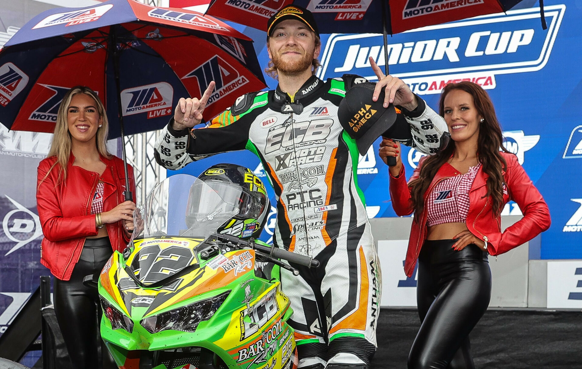 Eli Block, after winning MotoAmerica Junior Cup Race Two at New Jersey Motorsports Park in 2023. Photo by Brian J. Nelson, courtesy BARTCON Racing.