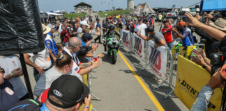 Stefano Mesa (37) rolls into the podium area after winning MotoAmerica Supersport Race One at PittRace in 2023. Photo by Brian J. Nelson.