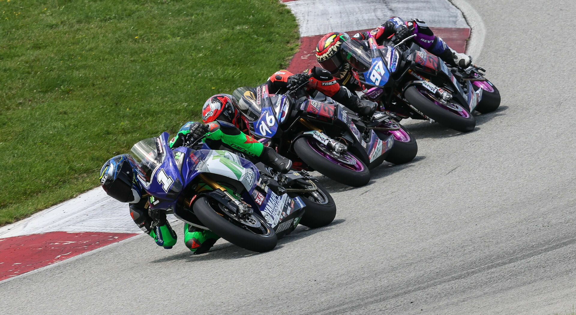 Blake Davis (1), Gus Rodio (96), and Rocco Landers (97) as seen during MotoAmerica Twins Cup Race Two at PittRace in 2023. Photo by Brian J. Nelson.