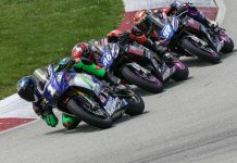 Blake Davis (1), Gus Rodio (96), and Rocco Landers (97) as seen during MotoAmerica Twins Cup Race Two at PittRace in 2023. Photo by Brian J. Nelson.