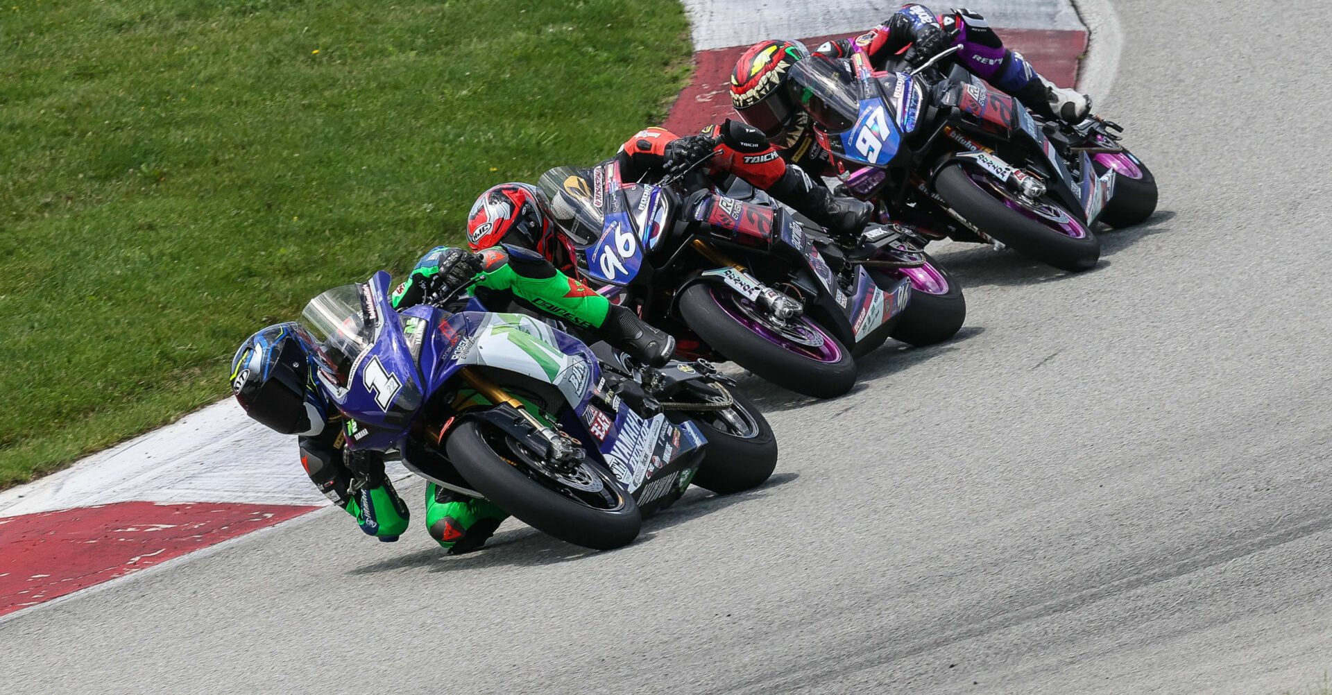 Blake Davis (1), Gus Rodio (96), and Rocco Landers (97) as seen during MotoAmerica Twins Cup Race Two at PittRace in 2023. Photo by Brian J. Nelson.