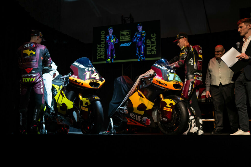 Tony Arbolino (left) and Filip Salac (right) remove the covers from their new Kalex Moto2 racebikes. Photo courtesy Elf Marc VDS Racing Team.