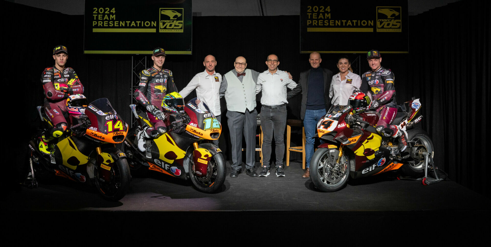 Elf Marc VDS Racing Team owner Marc van der Straten (fourth from left) with 2024 Moto2 riders Tony Arbolino (14) and Filip Salac (12) and 2024 World Superbike rider Sam Lowes (14). Photo courtesy Elf Marc VDS Racing Team.