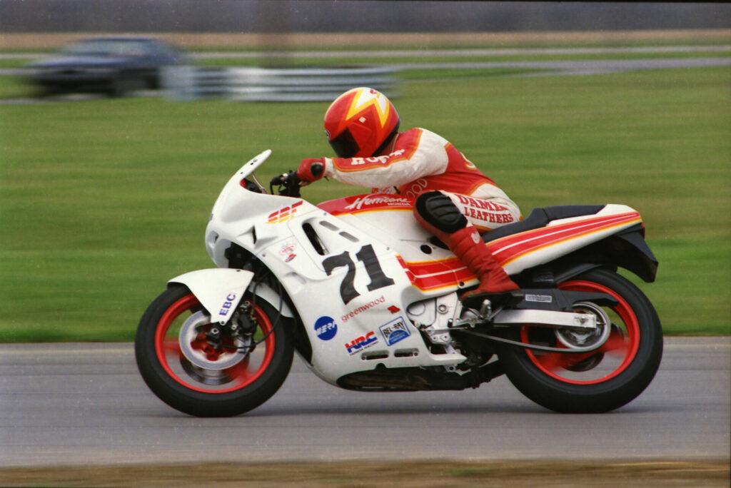 Jim Knipp (71) racing at his home track, Indianapolis Raceway Park, circa 1987. Photo by Greg Sickmeier.