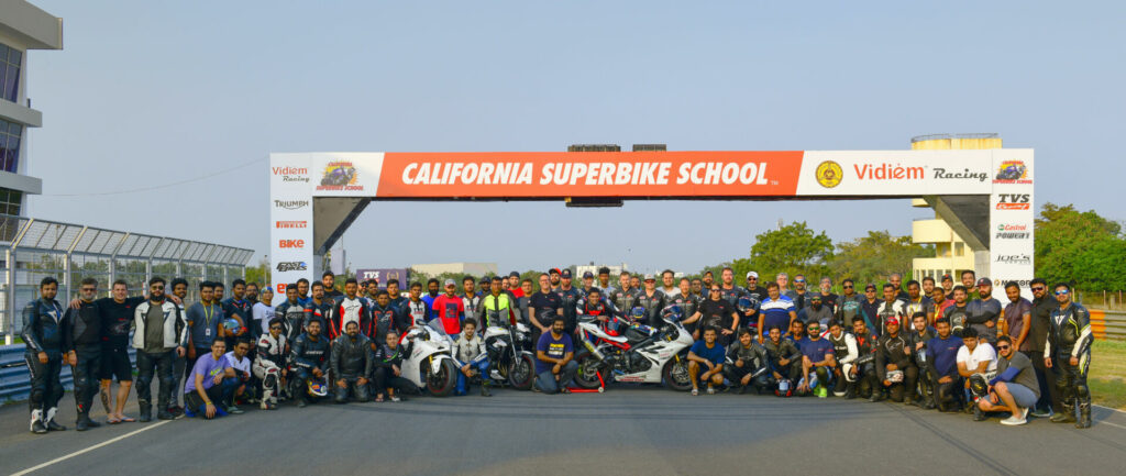 California Superbike School instructors and students at a previous event at Madras International Circuit in Chennai, India. Photo by Aditya Bedre, courtesy California Superbike School.