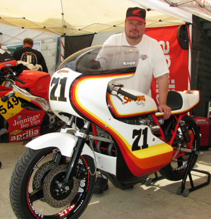 Jim Knipp with his WERA National Championship-winning Kawasaki KZ650, after it was restored in 2017. Photo by Larry Lawrence.