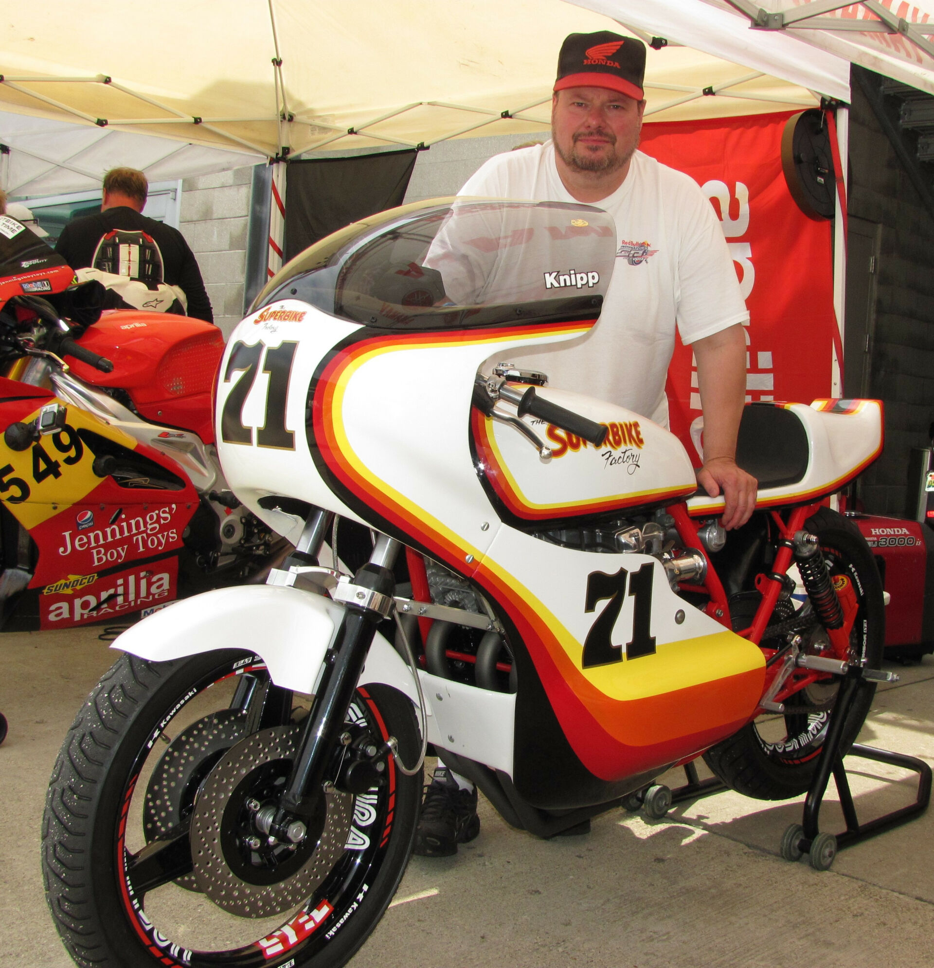 Jim Knipp with his WERA National Championship-winning Kawasaki KZ650, after it was restored in 2017. Photo by Larry Lawrence.