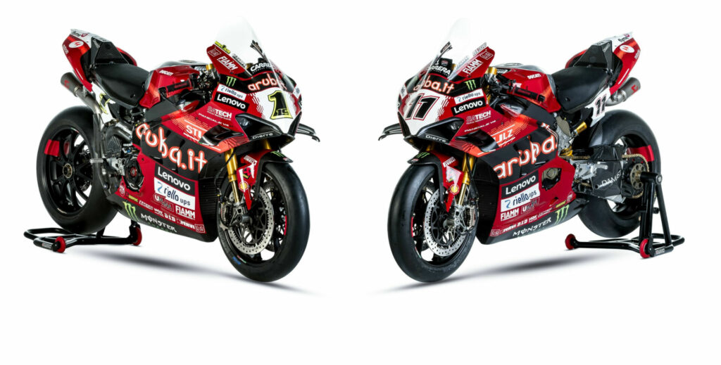 The Ducati Panigale V4 R Superbikes of two-time and defending Superbike World Champion Alvaro Bautista (1) and his teammate Nicolo Bulega (11). Photo courtesy Ducati.