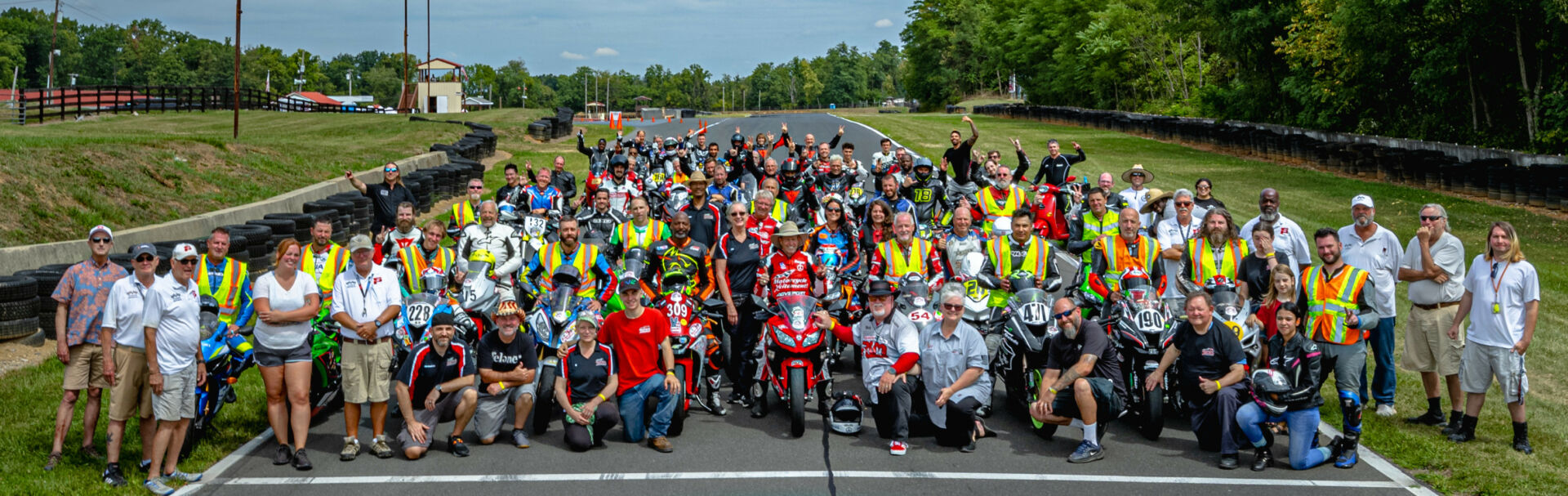 Participants and staff at Roger Lyle’s Motorcycle Xcitement's final track day and school event August 28, 2023, at Summit Point Raceway, West Virginia. Photo by Darin Morrell, courtesy Motorcycle Xcitement.