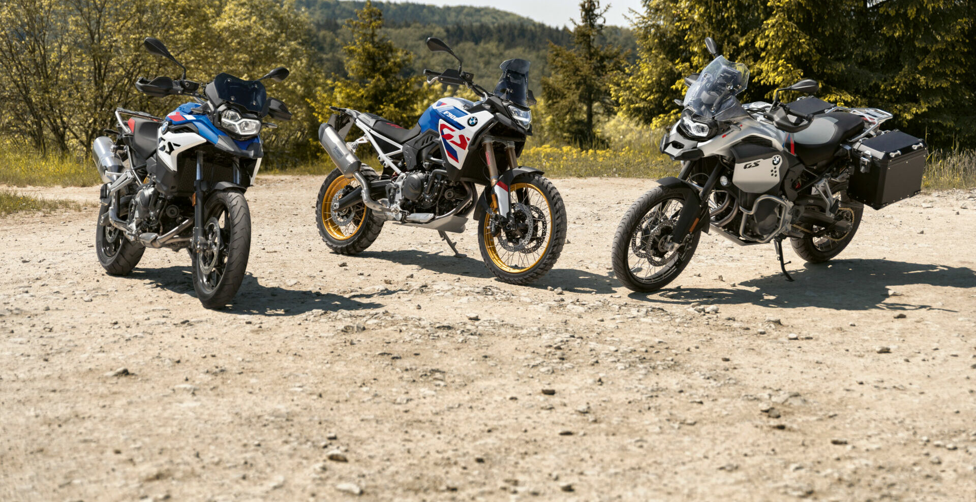 A 2024 BMW F 800 GS (left), F 900 GS (center), and F 900 GS Adventure (right). Photo courtesy BMW Motorrad.