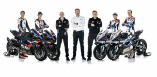 (From left) Michael van der Mark; Toprak Razgatlioglu; Shaun Muir, Team Principal ROKiT BMW Motorrad WorldSBK Team; Marc Bongers, BMW Motorrad Motorsport Director; Michael Galinski, Team Manager Bonovo action BMW Racing Team; Garrett Gerloff; and Scott Redding. Photo courtesy BMW Motorrad Motorsport.