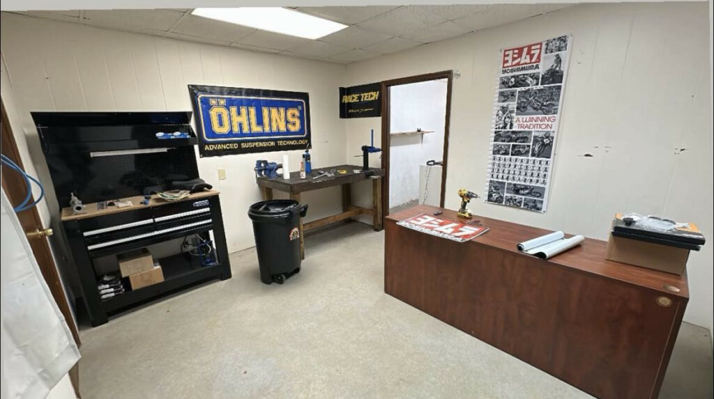 The suspension service room at Pacheco's Affordable Moto Service, in Dalton, Georgia. Photo courtesy Precision Track Days.