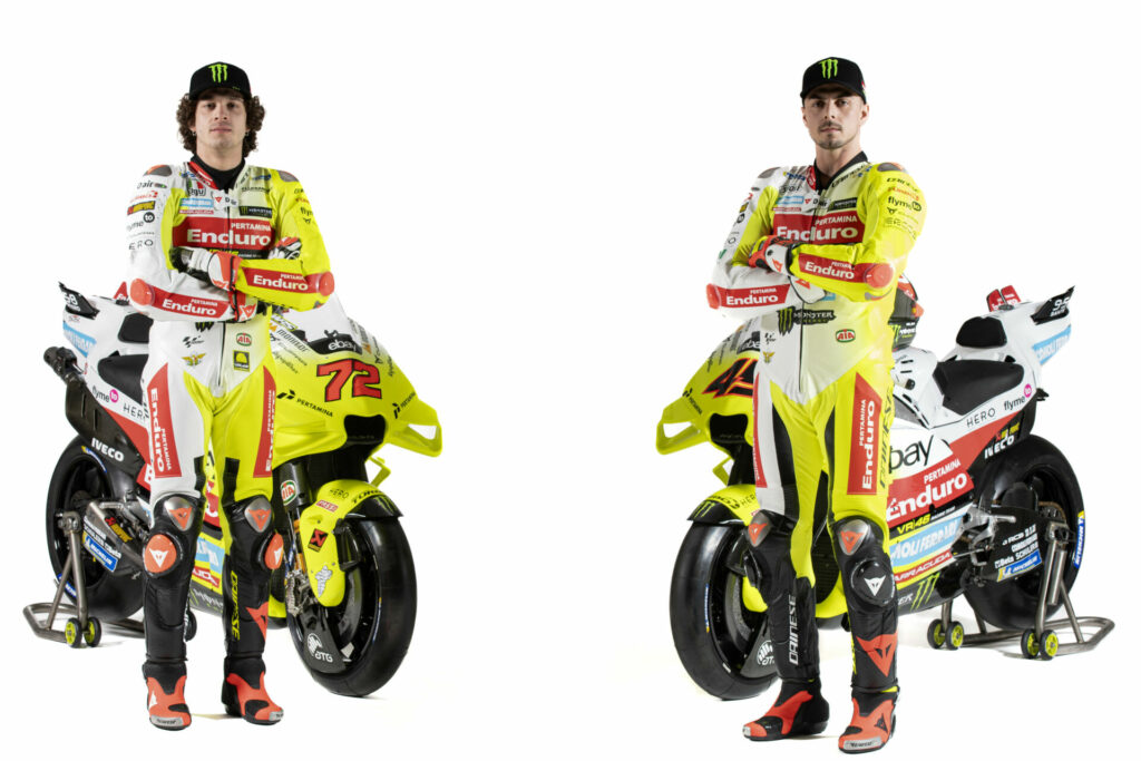 Marco Bezzecchi (left) and Fabio Di Giannantonio (right) and their Ducati Desmosedici racebikes. Photo courtesy MotoGP: Pertamina Enduro VR46 Racing Team.