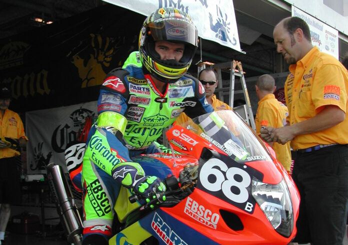 Anthony Gobert (68) preparing to go out on track at the 2003 Suzuka 8-Hours. He and teammate Adam "Krusty" Fergusson finished eighth overall on a Corona Extra - Ti Force Suzuki GSX-R10000. Photo by David Swarts.