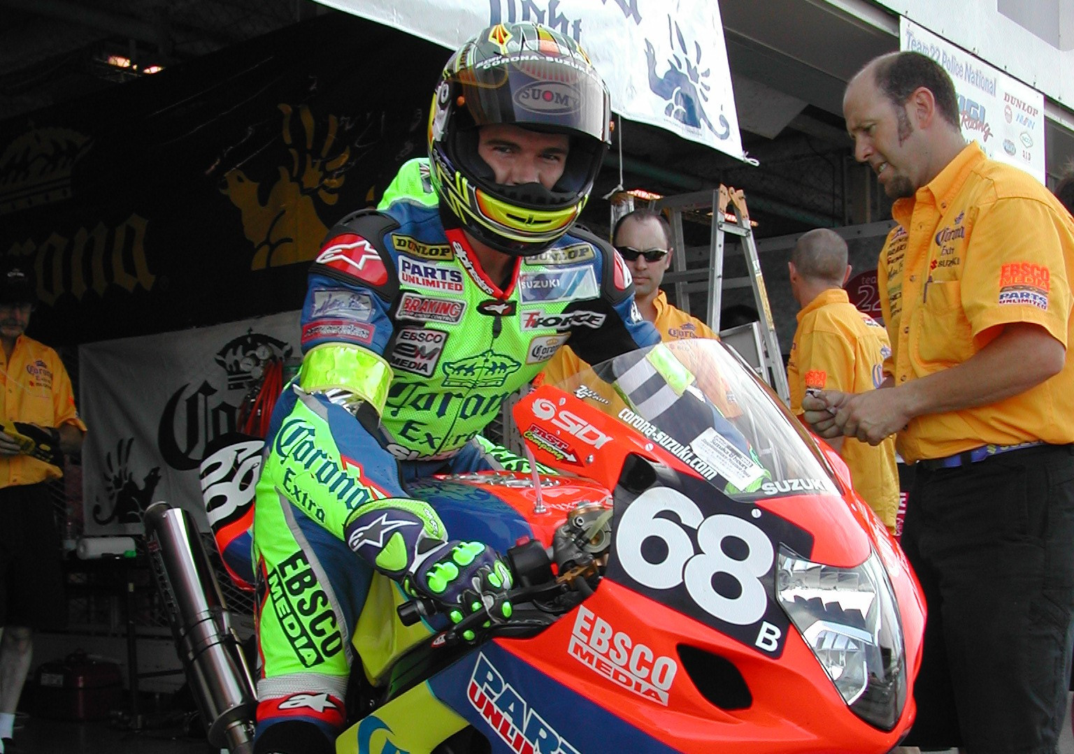 Anthony Gobert (68) preparing to go out on track at the 2003 Suzuka 8-Hours. He and teammate Adam 