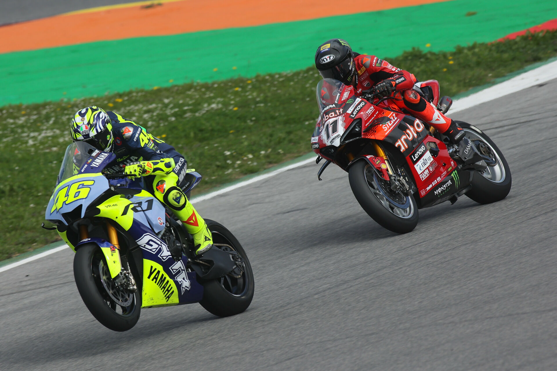 Valentino Rossi (46) on his personal Yamaha YZF-R1 ahead of Nicolo Bulega (11) Monday at Algarve International Circuit, in Portimao, Portugal. Photo courtesy Dorna.