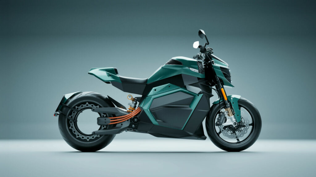 The Verge TS Ultra is propelled by a rim-mounted motor powered by a 21.8 kWh lithium-ion battery pack. Photo courtesy Verge Motorcycles.