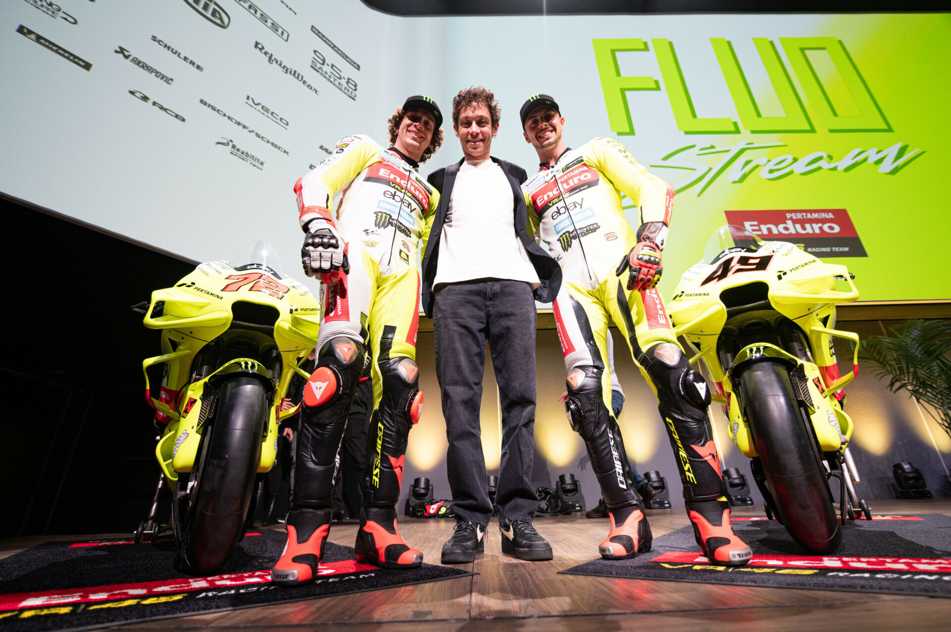 Pertamina Enduro VR46 Racing Team owner Valentino Rossi (center) with riders Marco Bezzecchi (left) and Fabio Di Giannantonio (right). Photo courtesy VR46 Racing Team.