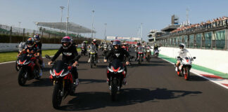 Aleix Espargaro leads a fan parade lap at the 2023 Aprilia All Stars event at Misano. Photo courtesy Aprilia.