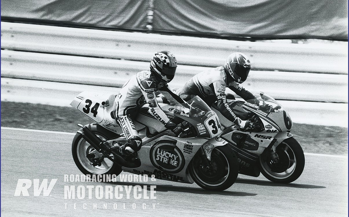 Kevin Schwantz (34) on his Suzuki and Shinichi Itoh (6) on his Honda braking hard in 1993. Note Schwantz using just one finger on the brake lever versus ltoh's two fingers, perhaps a result of AP Lockheed's 