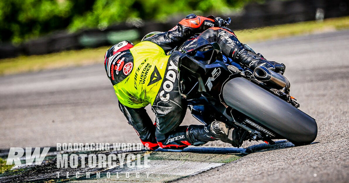 Cody Wyman and the AOD Yamaha YZF-R1 lapped the field at Road Atlanta. This is Cody dragging an elbow about 3.5 hours into an endurance race with the original hard front Dunlop still in use. Photo by Apex Pro Photography.