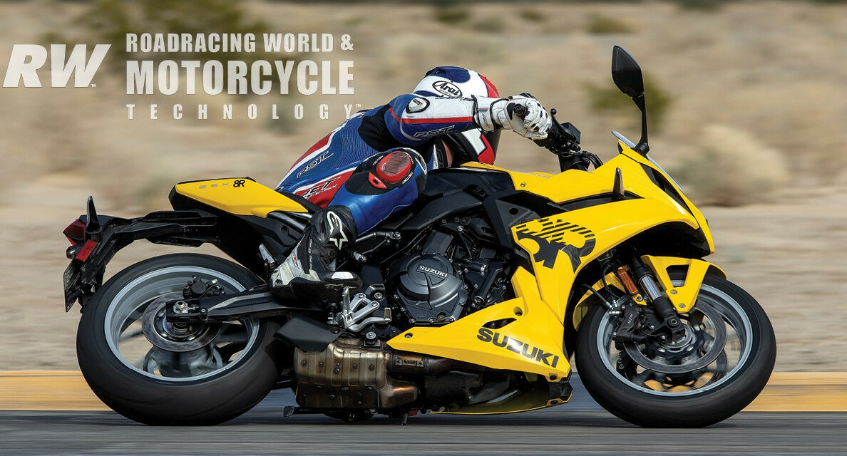 The Suzuki GSX-8R cornering at Chuckwalla Valley Raceway. Note the large-volume muffler and catalytic converter positioned underneath the engine, as needed to meet the latest emissions standards. Footpeg positioning for street comfort reduces cornering clearance. Anyone planning on doing track days or racing the GSX-8R will want racing rearsets.