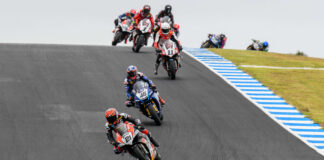 Josh Waters (21) leads Australian Superbike Race One ahead of Mike Jones (46), Broc Pearson (11), and Troy Herfoss (1). Photo by RbMotoLens, courtesy ASBK.