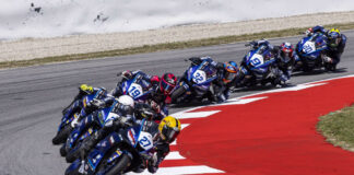 Action from the 2023 Yamaha R3 bLU cRU European Championship. Photo courtesy FIM and Dorna.