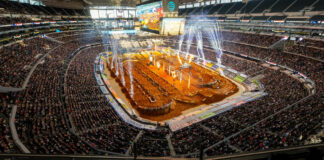 AT&T Stadium upheld the Dallas-area tradition of hosting great Supercross racing that started in 1975. The 2024 Arlington Supercross marked the 46th event in the area. Photo courtesy Feld Motor Sports.