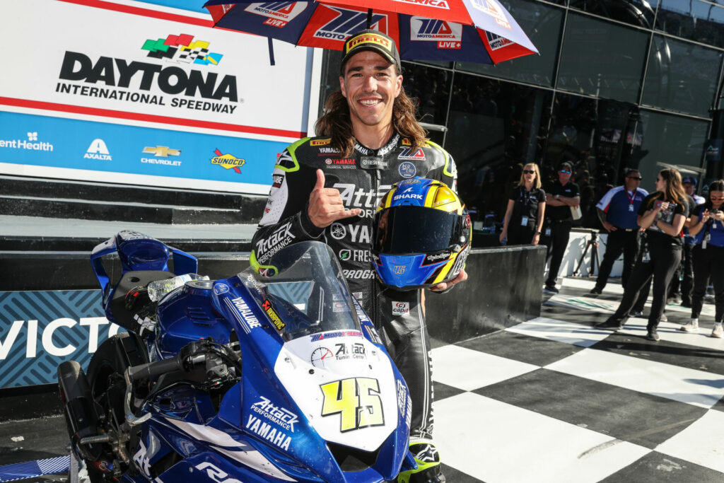 Cameron Petersen in Victory Lane at the 2023 Daytona 200. Photo by Brian J. Nelson.