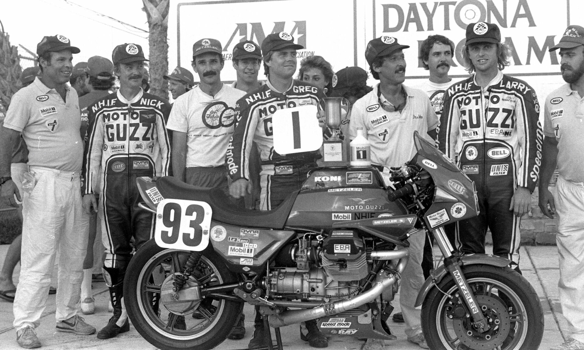 Dr. John Wittner (fourth from right) at Daytona in 1985. Photo by Larry Lawrence/The Rider Files.