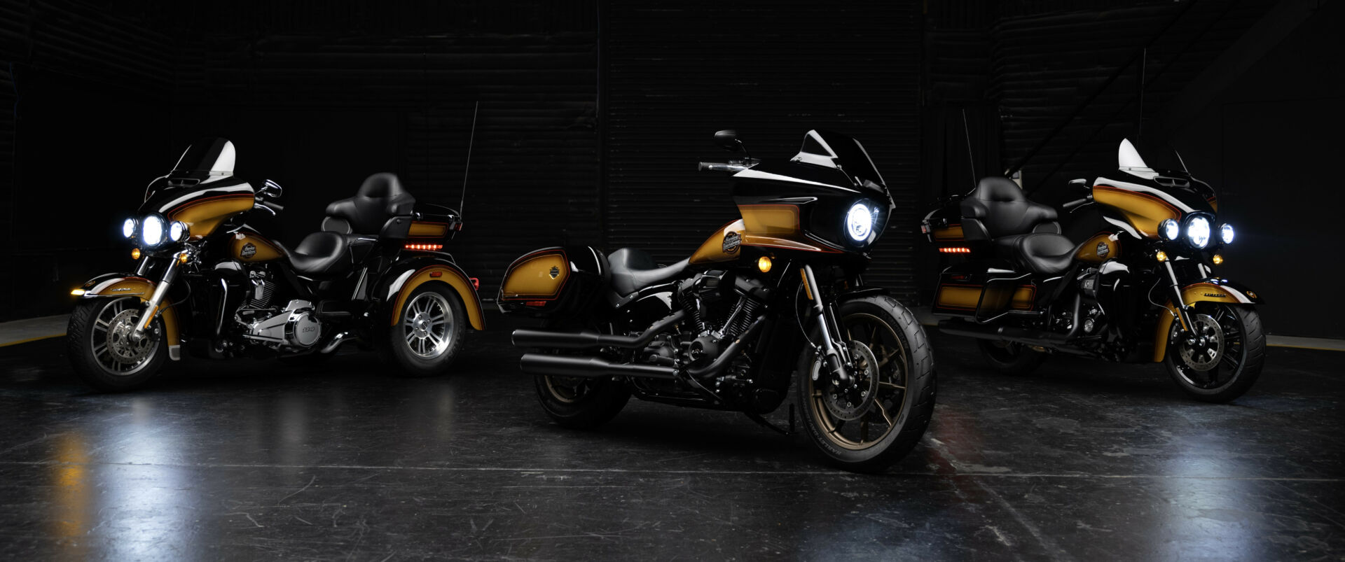 Harley-Davidson's 2024 Tobacco Fade Enthusiast Collection (from left) Tri-Glide, Low Rider ST, and Ultra Limited. Photo courtesy Harley-Davidson.