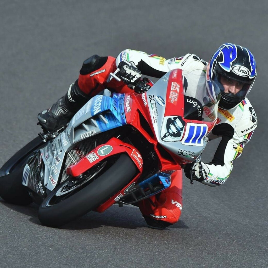 Brian Gillen on an MV World Supersport racebike in December 2023, when he was R&D Technical Director of MV Agusta Motorcycles.