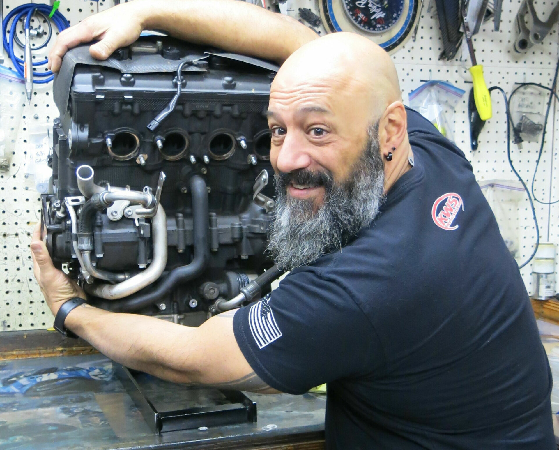 KWS Motorsports' Michael Godin with Army of Darkness' Championship-winning Yamaha YZF-R1 endurance racing engine. Photo courtesy Army of Darkness.